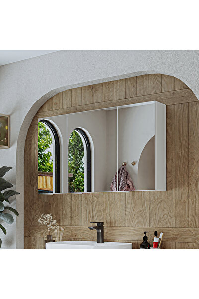 ROOMART Banyo Dolabı Kulpsuz 3 Kapaklı Mdf 105 Cm Aynalı Banyo Üst Dolabı