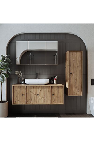 ROOMART Oval Lavabolu Mat Mdf 120 Cm Çekmeceli Banyo Dolabı + Aynalı Üst Dolabı + Boy Dolabı