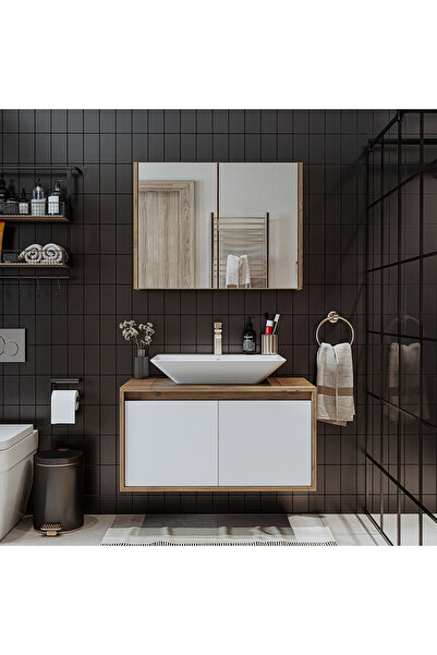 ROOMART Tm7.2 Ayaksız 2 Kapaklı Lavabolu Ahşap-mat Beyaz Mdf 85 Cm Banyo Dolabı+aynalı Üst Dolabı