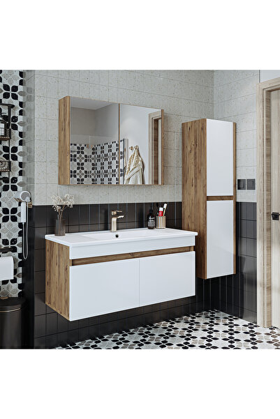 ROOMART '' Lavabolu '' Atlantik-beyaz Mat Mdf 100 Cm Banyo Alt Dolap + Aynalı Üst Dolap + Boy Dolap