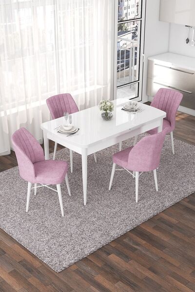 Canisa Nef Serisi 70x114 Açılabilir Mdf Beyaz Mutfak Masası Takımı Ve 4 Pembe...