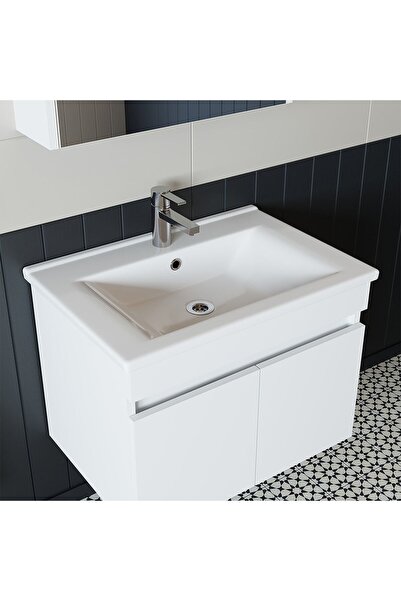 banos Roomart Ld3 Ayaksız 2 Kapaklı Lavabolu Beyaz Mdf 65 Cm Banyo Dolabı