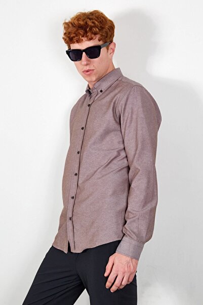 MAN EDITION Мъжка риза Оксфорд - лесно гладене, стандартна кройка, кафяв цвят| Ee255008-7504