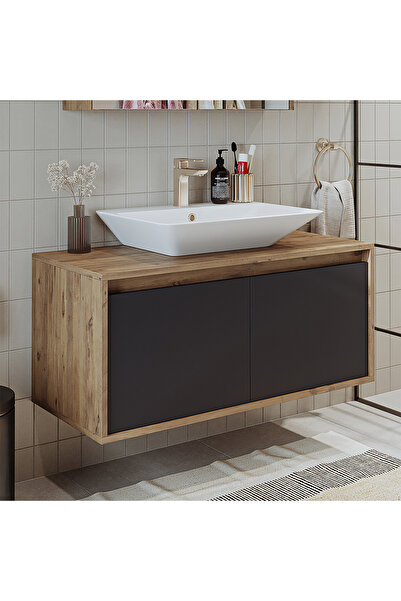 ROOMART Ld7 Ayaksız 2 Kapaklı Lavabolu Ahşap-antrasit Mdf 100 Cm Banyo Dolabı