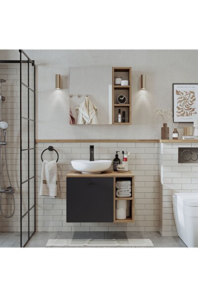 ROOMART Lavabolu Mdf 65 cm Lotus Çekmeceli Banyo Dolabı + Aynalı Üst Dolabı