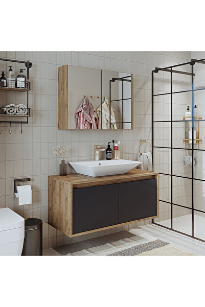 ROOMART Tm7.2 Lavabolu Ahşap-antrasit Mdf 100 Cm Banyo Dolabı + Aynalı Banyo Üst Dolabı