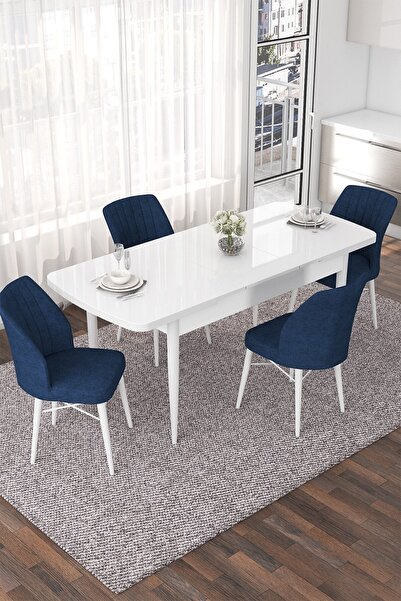 Canisa Concept Nef Serisi 70x114 Açılabilir Mdf Beyaz Mutfak Masası Takımı Ve 4 Lacivert Sandalye