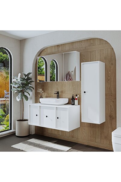 ROOMART Oval Lavabolu Mat Mdf 105 Cm Çekmeceli Banyo Dolabı + Aynalı Üst Dolabı + Boy Dolabı