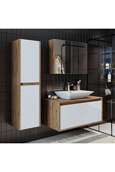 ROOMART Lavabolu Ahşap Mat Beyaz Mdf 100 cm Banyo Dolabı + Aynalı Banyo Üst Dolabı + Boy Dolabı