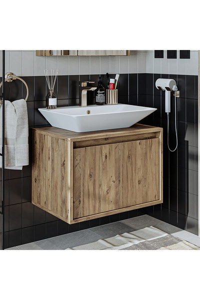 ROOMART Banos Banyo Ayaksız 2 Kapaklı Lavabolu Mat Ahşap Mdf 65 Cm Banyo Dolabı