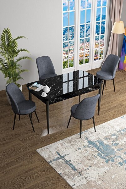 Canisa Han Serisi, Siyah Mermer Desen 70x114 Açılabilir Mdf Mutfak Masa Takım...