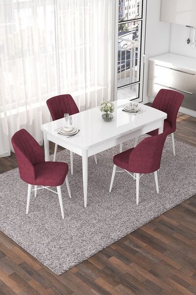 Canisa Nef Serisi 70x114, Açılabilir Mdf Yemek Masası Takımı, Beyaz Masa Ve 4...