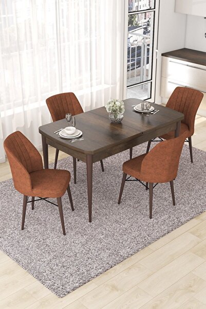 Canisa Nef Serisi 70x114 Açılabilir Mdf Barok Ahşap Desen Masa Takımı Ve 4 Kiremit Sandalye