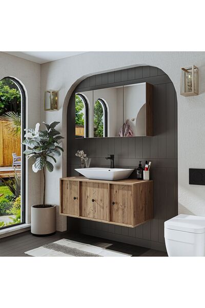 ROOMART Lavabolu Mat Mdf 105 Cm Çekmeceli Banyo Dolabı + Aynalı Üst Dolabı