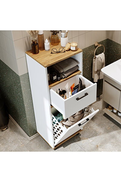 ROOMART Çamaşır Sepetli Banyo Dolabı, Çok Amaçlı Çekmeceli Dolap 45 cm