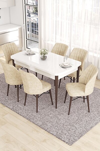 Canisa Eva Serisi 80x132 Açılabilir MDF Mutfak Masası Takımı Beyaz Ceviz Masa 6 Krem Sandalye