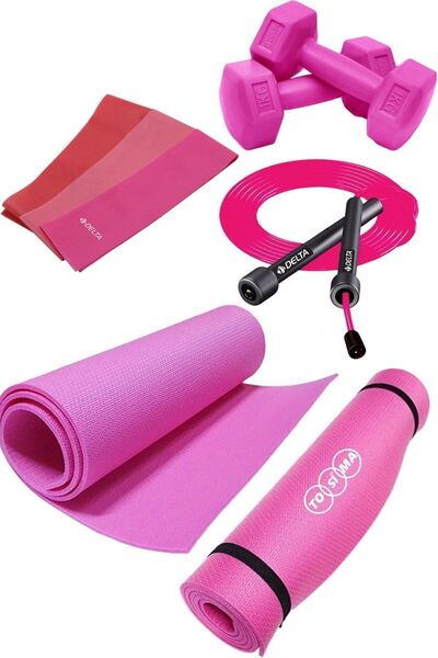 Delta Pilates Minderi 3 Adet Ucu Açık Pilates Lastiği 2 Adet 1 Kg Dambıl Atlama İpi Pilates Seti