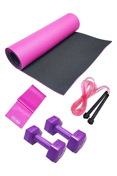 Tosima Pilates Seti 8mm Çift Taraflı Minder Pilates Lastiği Atlama Ipi Ve 1 Kg Dambıl Full Set