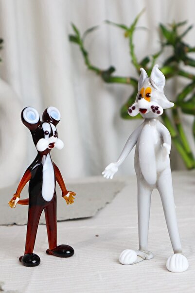 ADAMODART Tom Ve Jerry Figürlü El Yapımı 2'li Cam Biblo Set