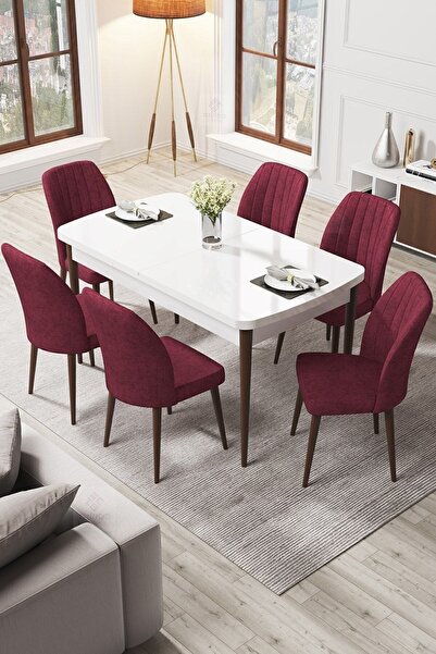 Canisa Par Serisi 70x114 Açılabilir Mdf Mutfak Masası Takımı Beyaz Ceviz Masa 6 Bordo Sandalye