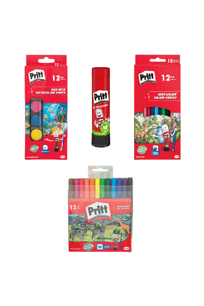 Pritt Boyama Seti (12 li Sulu Boya+ 12 li Kuru Boya+ 12 li Keçeli Kalem Boya + Pritt Yapıştırıcı)