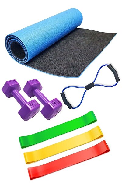 Tosima 1 cm Pilates Matı 3'lü Direnç Lastiği Sekizgen Lastik Ve 1 Kg Çiftli Dambıl Seti Pilates Seti