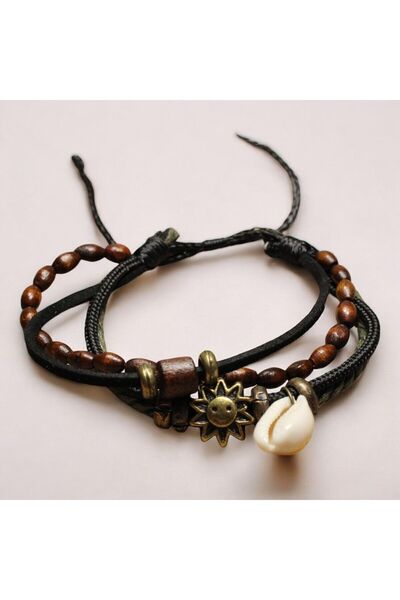 DEHNA Sun and Sea Shell Figured Wood and Metal Beaded Leather and Rope 4-Piece Adjustable Bracelet