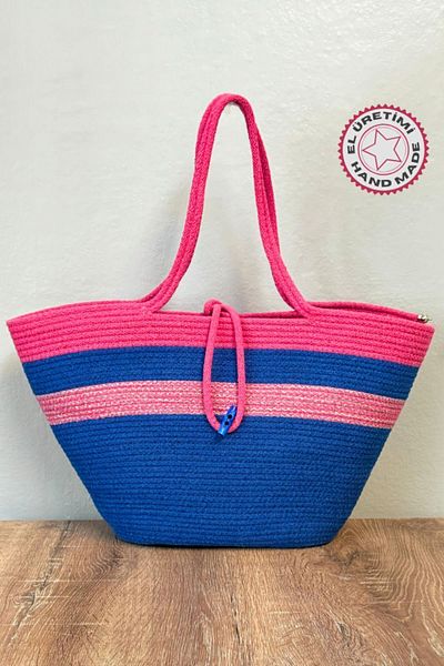 Uretti Navy Blue Nuran 9092 27cm Beach Bag - Handmade Tress Rope