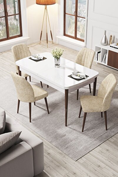 Par Series 70x114 Retractable Mdf Kitchen Table Set White Walnut Table 4 Cream Chair