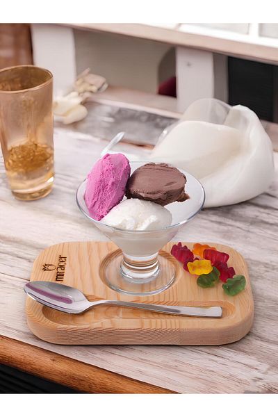 Miraçer Lav Creme Presentation Set - Dessert Spoon and Ice Cream Bowl with Wooden Stand