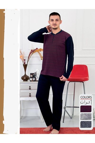 LİLA PİJAMA Cotton Jacquard Long Sleeve Men's Pajama Set