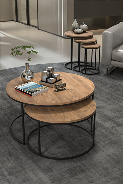 GOLDFALEZ Orta Sehpa Ve Zigon Sehpa Set İkili Lüx C Zigon Ceviz