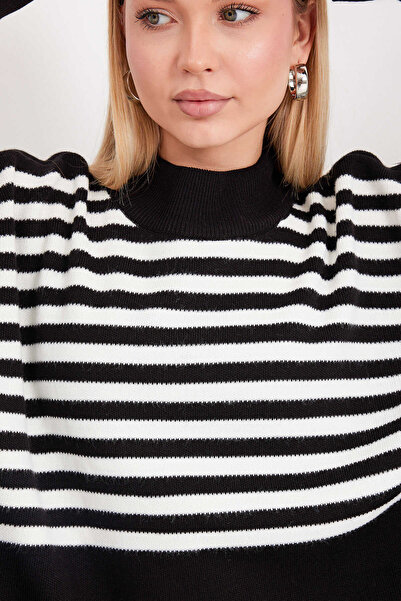 LE CARAMBOLE Black Cream Striped Oversize Slit Women's Poncho Sweater