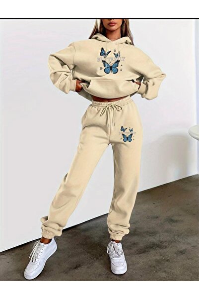 CAST COLLECTİON Μπεζ Γυναικείο Σετ Φόρμας Butterfly