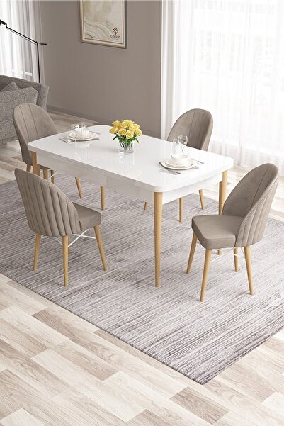 Canisa Ves Serisi 80x132 Mdf Beyaz Mutfak Masası Beyaz Kafesli 4 Cappucino Sa...