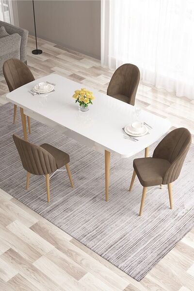 Canisa Ves Serisi 80x132 Mdf Beyaz Doğal Ahşap Ayak Masa 4 Kahverengi Sandalye Mutfak Masası Takımı