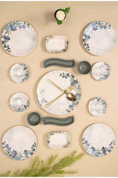 Keramika Green Leaf Patterned Breakfast Set for 4 People - 19 Pieces