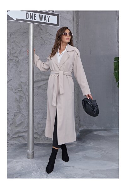 Elif Özbey Butik Premium Shoulder Epaulettes and Belted Stone Trench