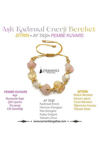 OSMANLI DOĞAL TAŞ Genuine Citrine and Pink Quartz Stone - Staircase Closing Bracelet with Hematite Detail