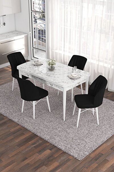 Canisa Eva Serisi 80x132 Açılabilir Mdf Mutfak Masası Takımı Beyaz Mermer Des...