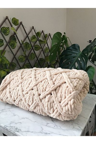 Missworble Puffy Hand Knitted Fireplace and TV Blanket Diamond Patterned Cream 90 X 165 Cm