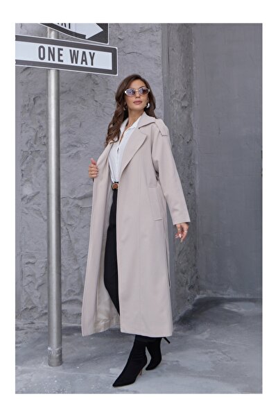 Elif Özbey Butik Premium Shoulder Epaulettes and Belted Stone Trench