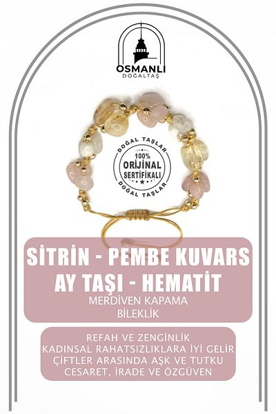 OSMANLI DOĞAL TAŞ Genuine Citrine and Pink Quartz Stone - Staircase Closing Bracelet with Hematite Detail