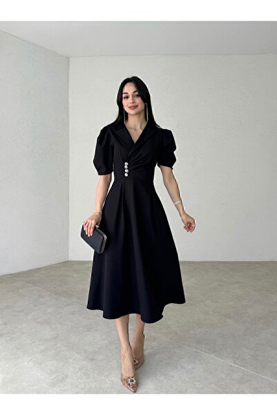 Afiş Butik Černé dvouřadé midi šaty s kamenným detailem a řasením