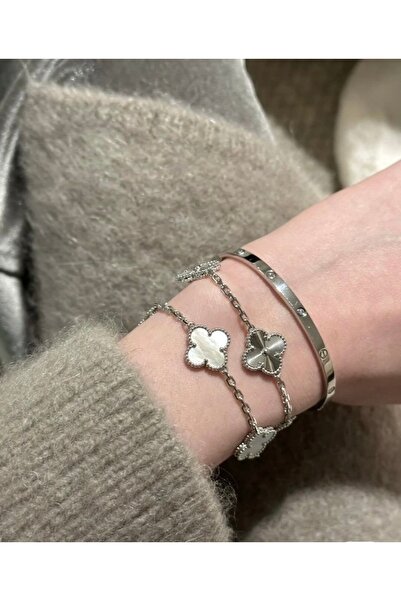 ANGELSS JEWELLERY Üçlü Kombin Gümüş Bileklik Kelepçe Bileklik Kombin (YONCA GÜMÜŞ BEYAZ BİLEKLİK KELEPÇE) Van Cleeff