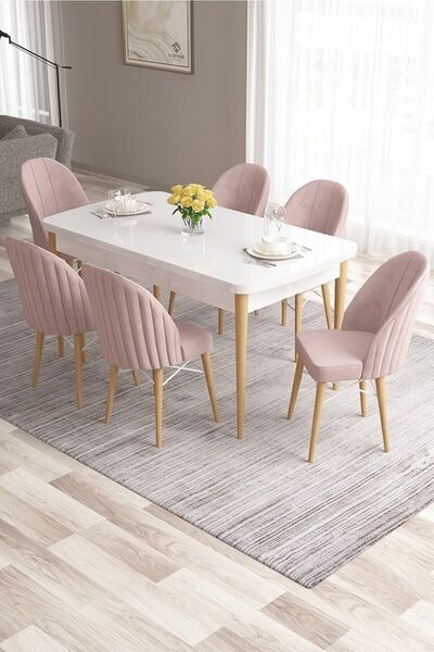 Canisa Ves Serisi 80x132 Mdf Beyaz Doğal Ahşap Masa 6 Pembe Sandalye Mutfak M...