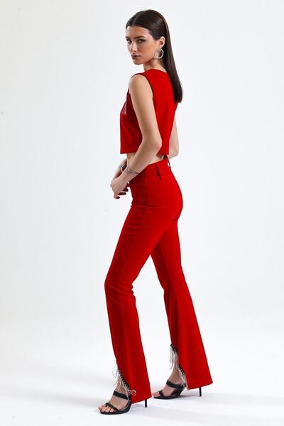 Sense Waist Belted Row Stone Chain Detailed Scuba Crepe Evening Dress Trousers| Pnt34307 Red