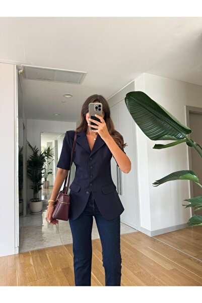 MERVE AKSOY Navy Blue Short Sleeve Blazer - Waist-Seated