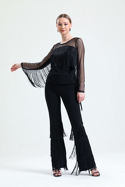 Sense Tasseled Diver Scuba Crepe Tulle Blouse |   Blz33372 Black