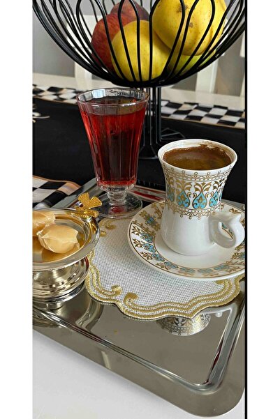 NURHAN HOME COLLECTION 6 Adet Curly Modeli Gold Renk Nakışlı Kahve Yanı Kokteyl Sunum Peçete